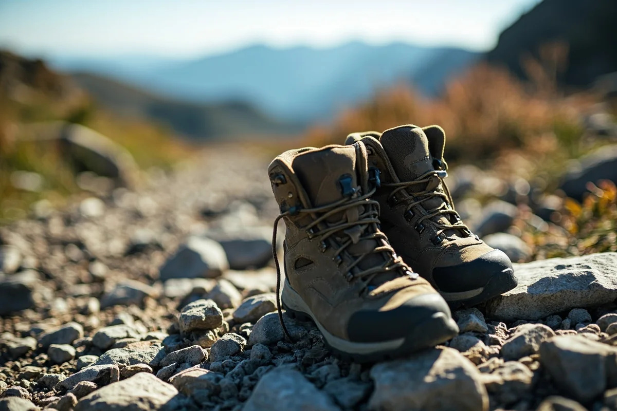 Hiking boots on rocky trail with mountain views in background