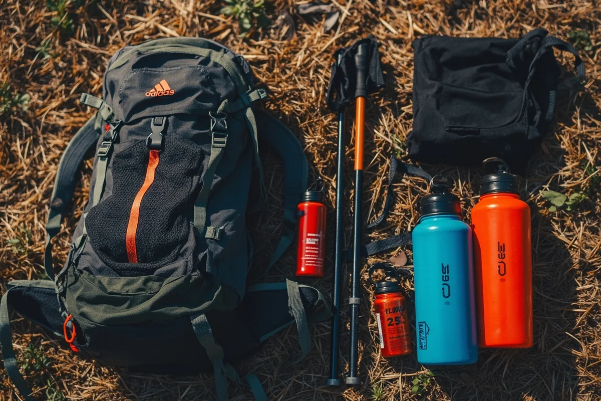 Hiking gear laid out including backpack, water bottles, poles, and bear spray