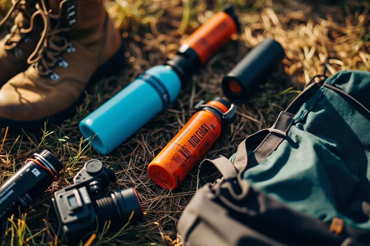 Hiking gear laid out including boots, backpack, water bottles, and bear spray
