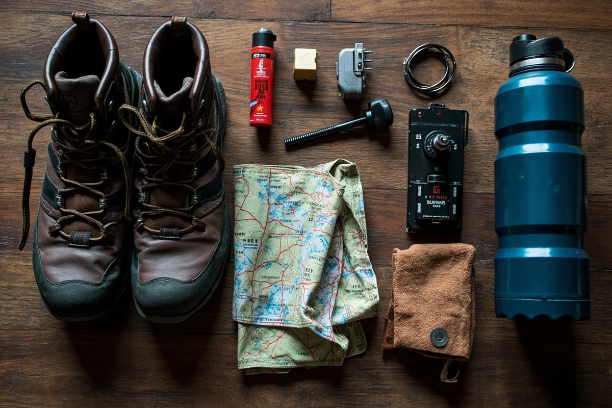 Hiking gear laid out including boots, bear spray, map, and water bottle
