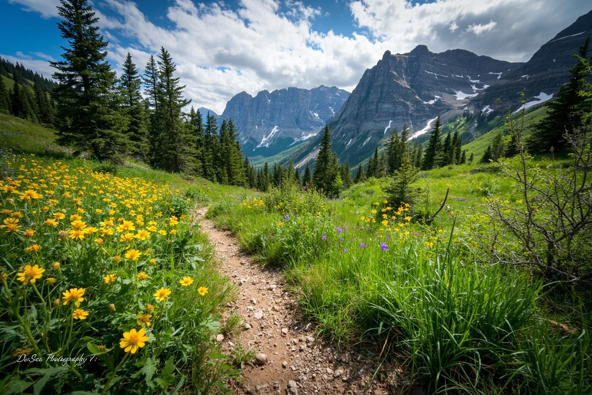 Hiking trail near Lolo Pass with mountain meadow and wildflowers