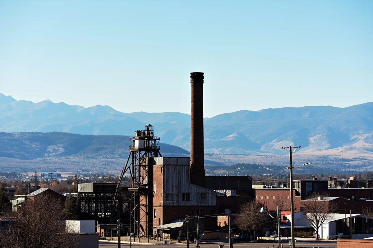 Historic Anaconda Smelter Stack rising above town with Pintler Mountains in background