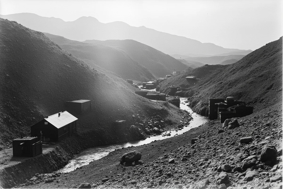Historic black and white photo of Yogo sapphire mining operations from the early 1900s