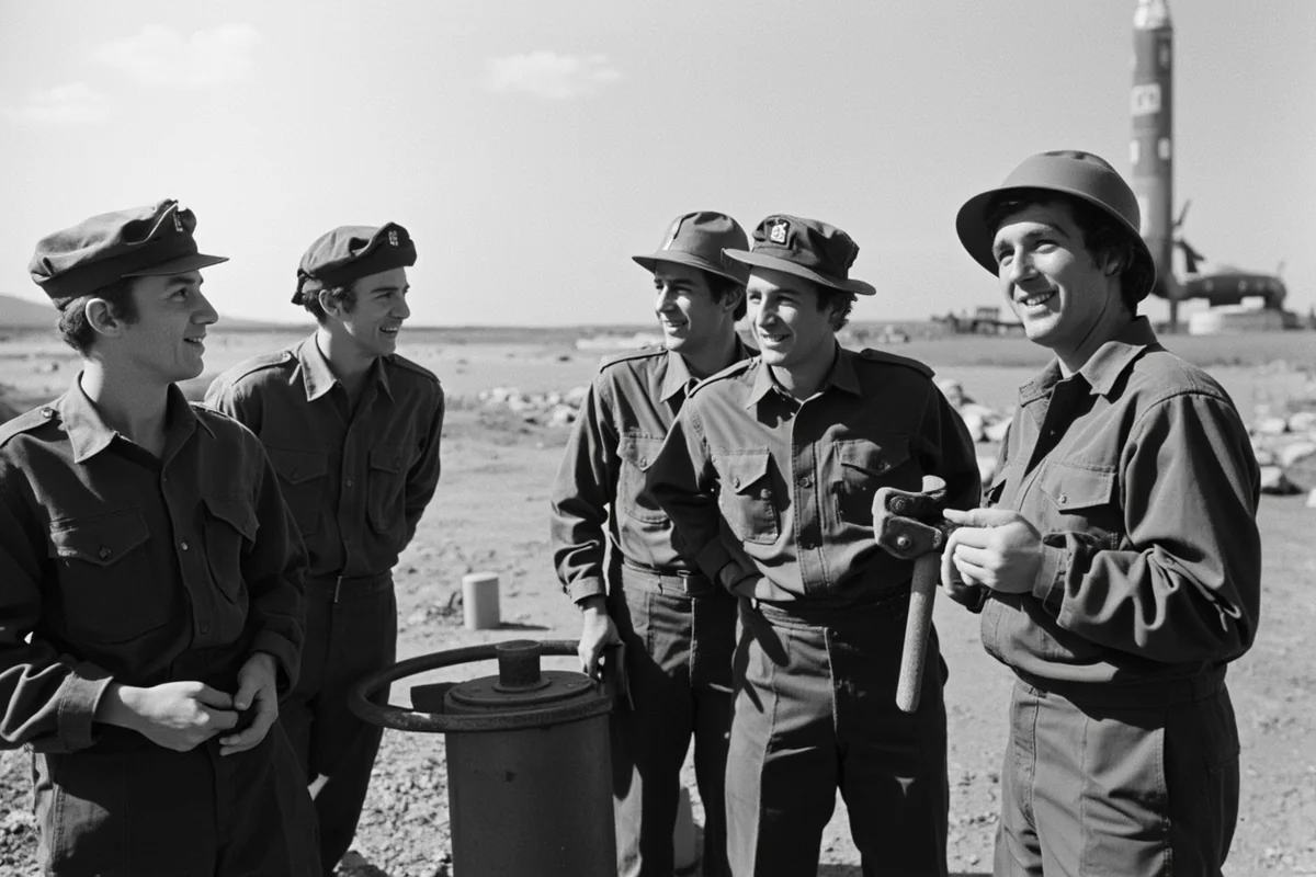 Historic black and white photograph of missile crew members from the 1960s or 1970s at a Montana Launch Control Facility