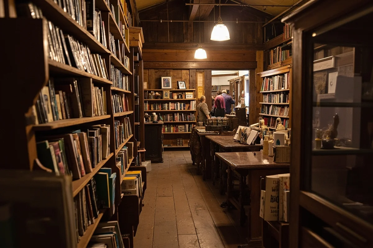 Historic bookstore interior in Livingston, Montana with wooden shelves filled with classic Western literature