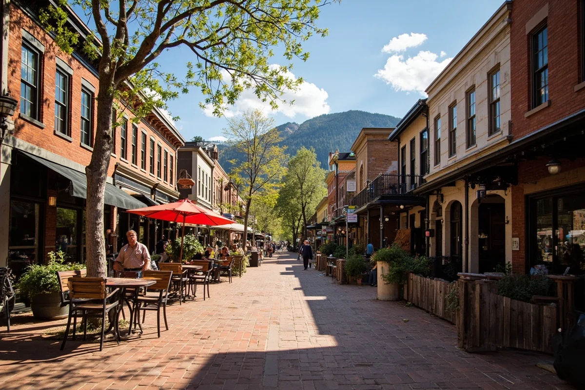 Historic buildings along Last Chance Gulch pedestrian mall with outdoor cafe seating