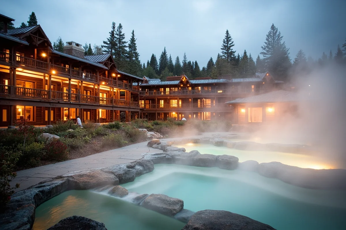 Historic Chico Hot Springs lodge building with steam rising from outdoor pools