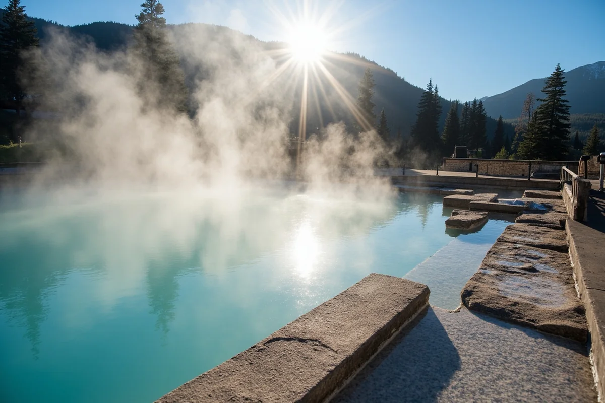 Historic Chico Hot Springs pool with steam rising and mountain backdrop