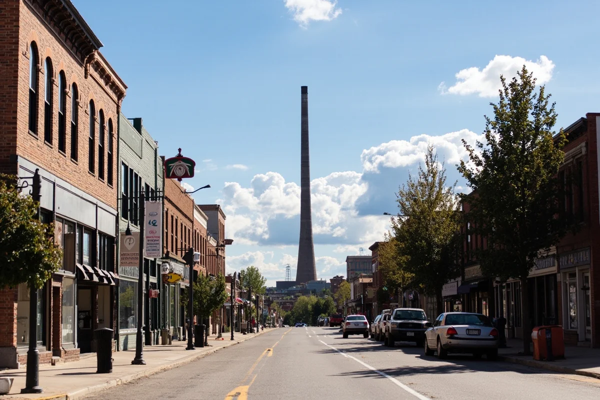 Historic downtown Anaconda with the famous smelter stack visible in the background