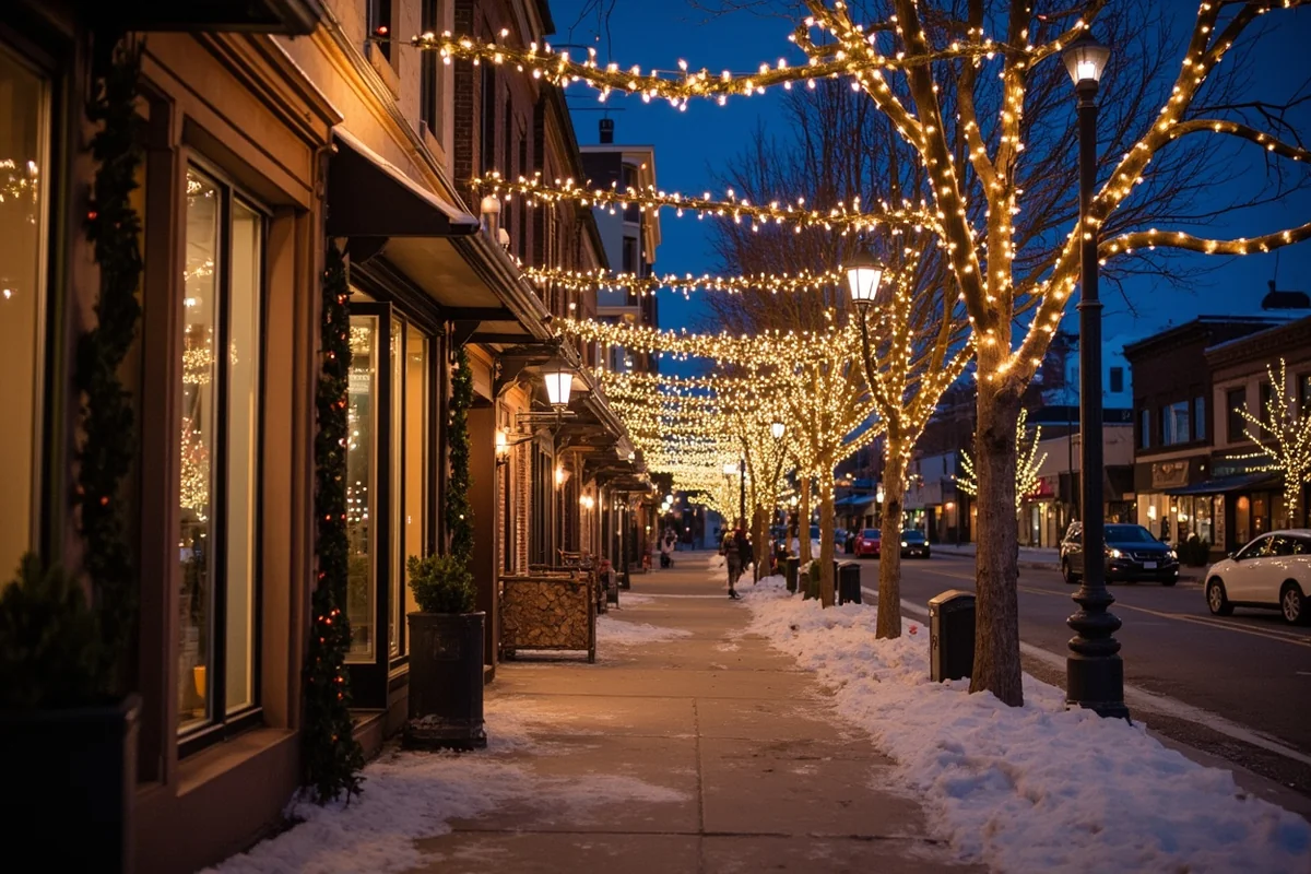 Historic downtown Bozeman street decorated for holidays with snow on sidewalks