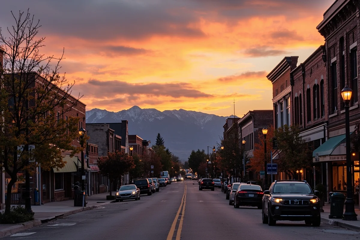 Historic downtown Bozeman with local shops and mountain views at sunset
