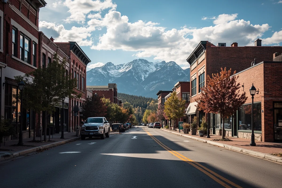 Historic downtown Dillon street scene with brick buildings and mountain views