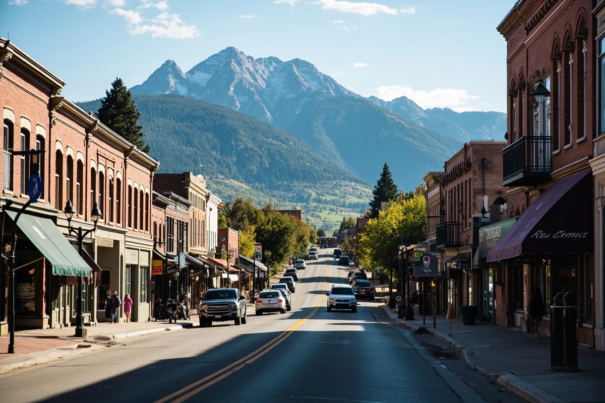 Historic downtown Livingston, Montana with mountain backdrop