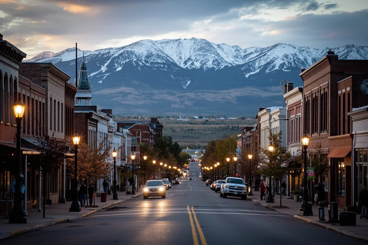 Historic downtown Livingston with snow-capped Absaroka Range in background