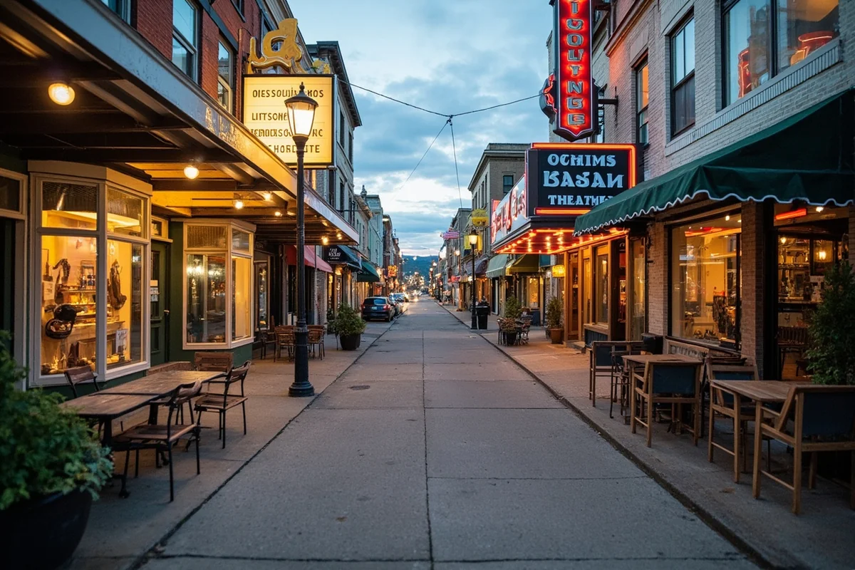 Historic downtown Missoula street with local shops and the Wilma Theatre marquee