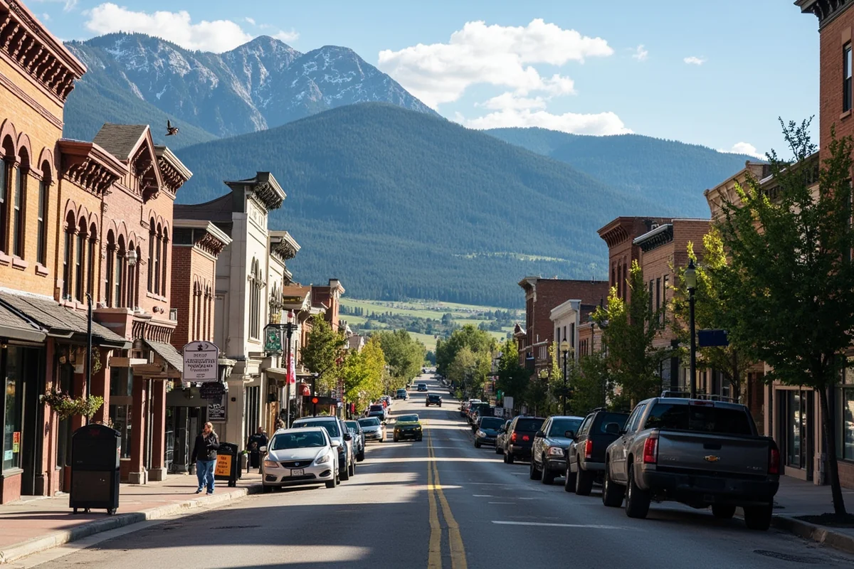 Historic downtown Philipsburg, Montana with mountain backdrop