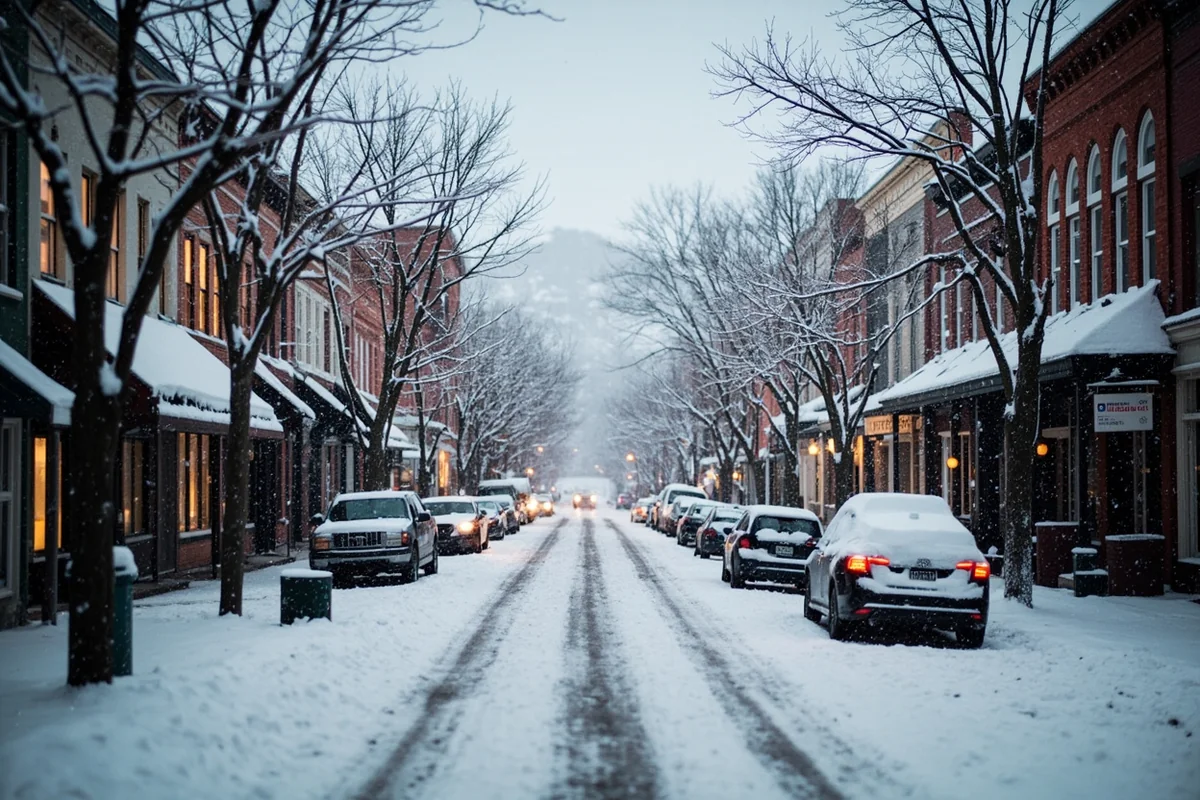 Historic downtown Philipsburg street covered in snow