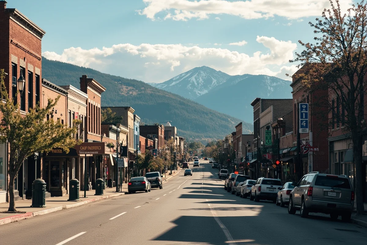 Historic downtown street scene in small Montana town with mountain backdrop