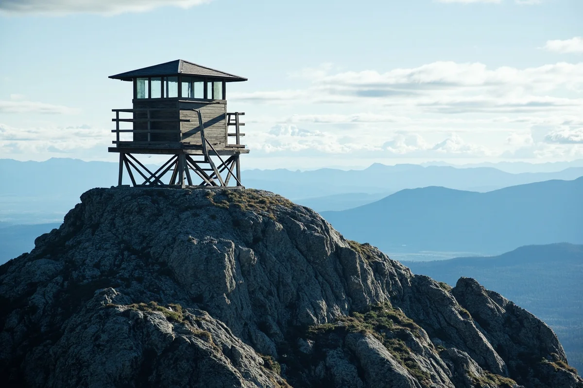 Historic fire lookout tower perched on rocky mountain summit with panoramic wilderness views