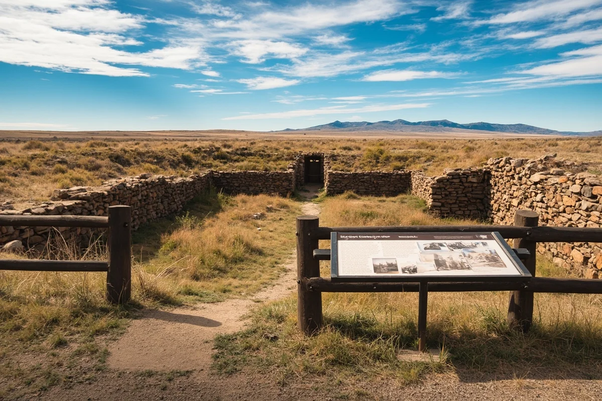 Historic fort or Native American cultural site in Montana with interpretive signage