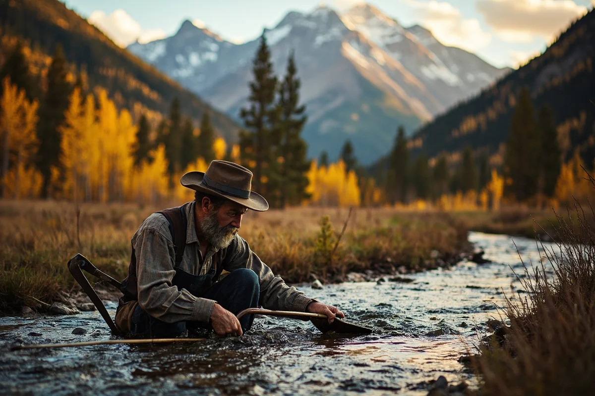 Historic gold panning scene recreation at Alder Gulch, showing prospector working a stream with mountains in background
