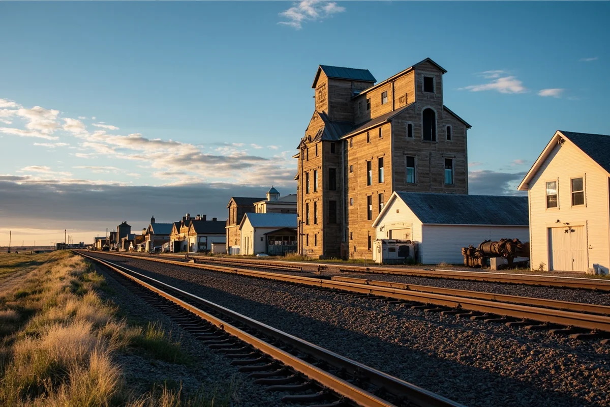 Historic grain elevators along the railroad tracks in a small Montana Hi-Line town