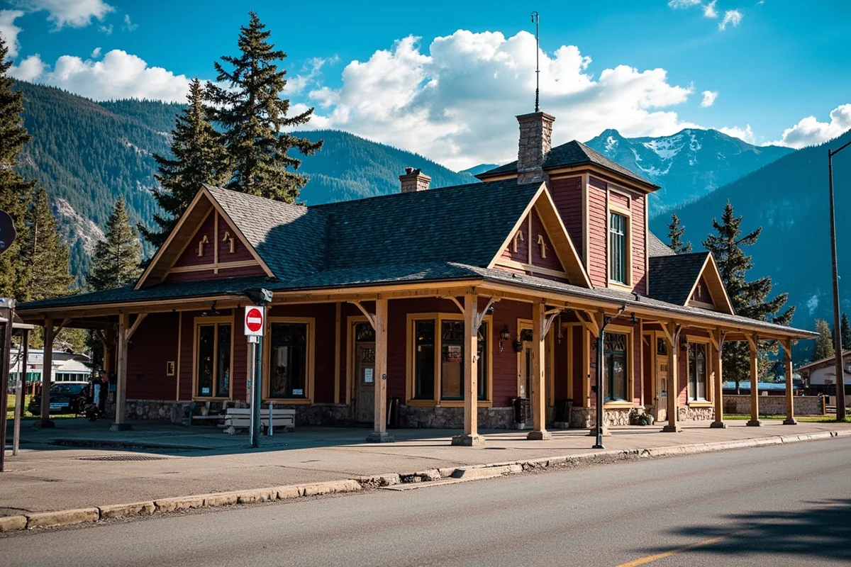 Historic Great Northern Railway depot in Whitefish, Montana with mountain backdrop