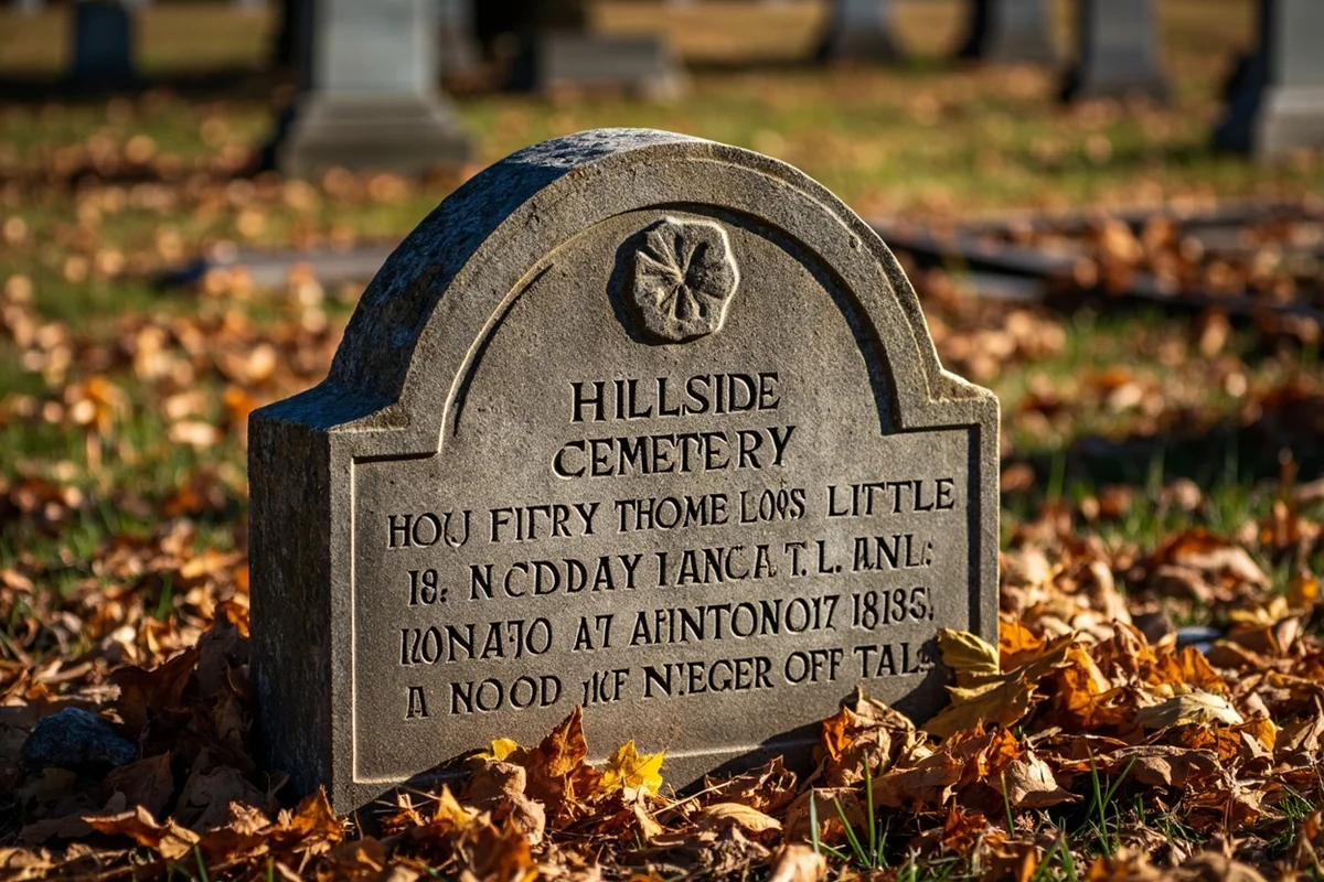 Historic headstone at Hillside Cemetery in Butte, Montana with autumn leaves scattered around