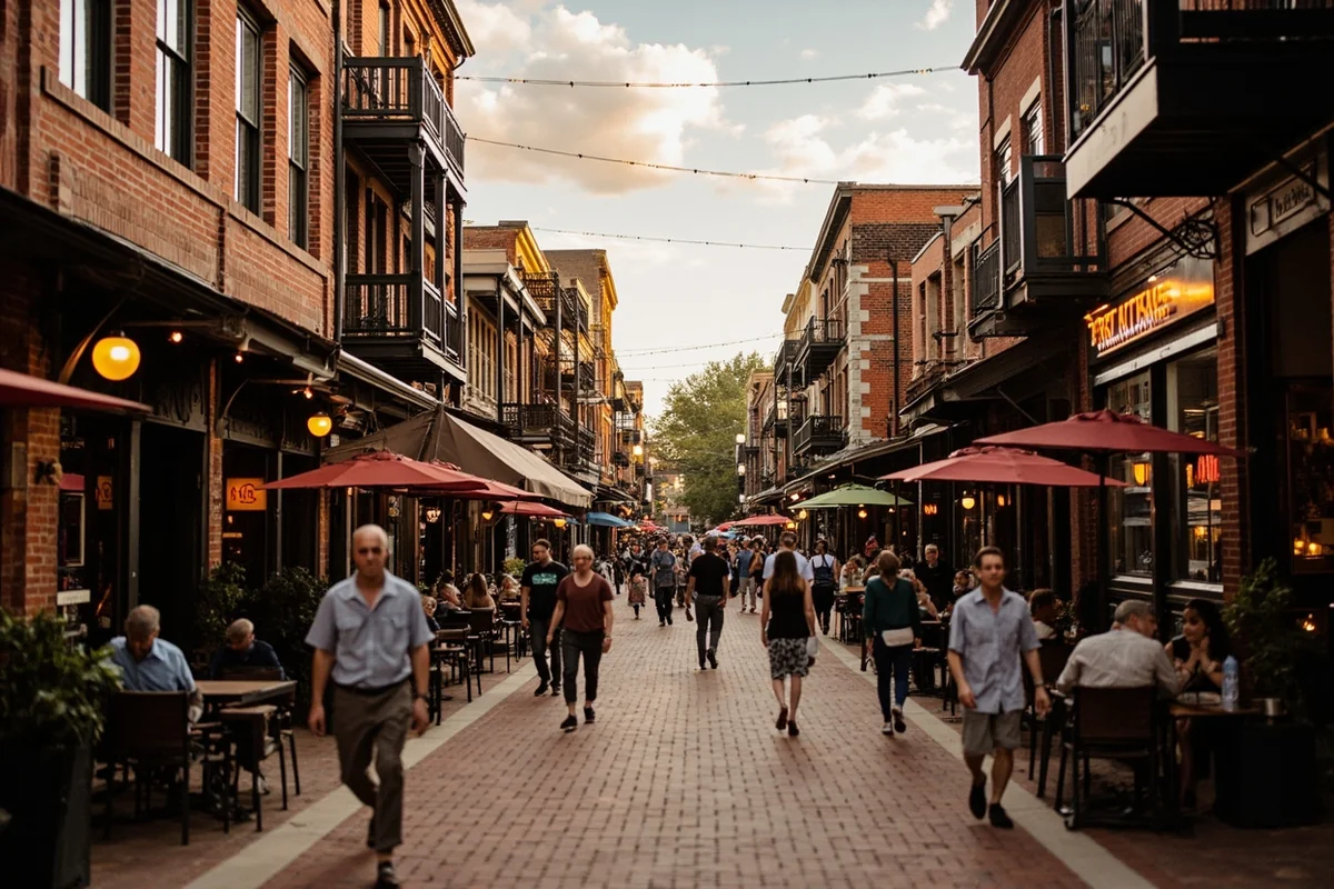 Historic Last Chance Gulch pedestrian mall with brick buildings, outdoor cafes, and shoppers on a summer evening