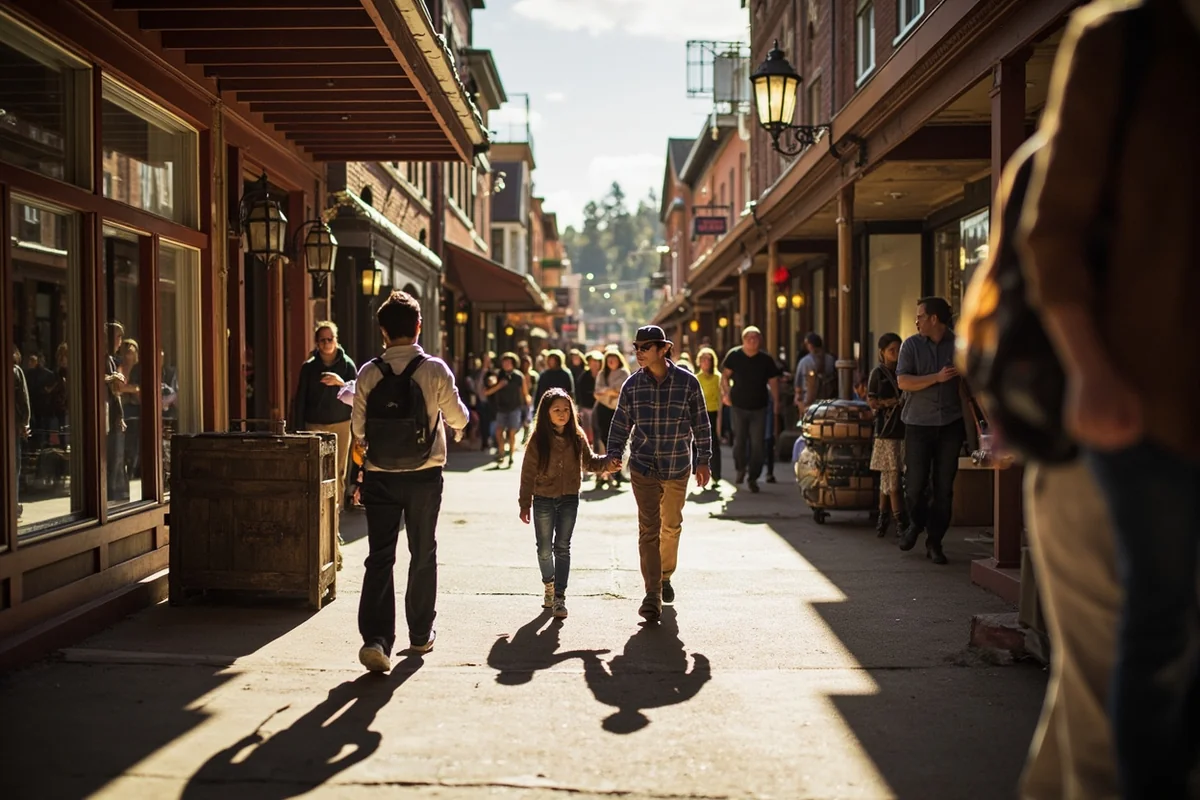 Historic Last Chance Gulch walking mall in Helena with families browsing shops