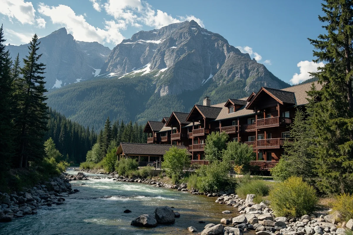 Historic lodge building with mountain backdrop and river in foreground