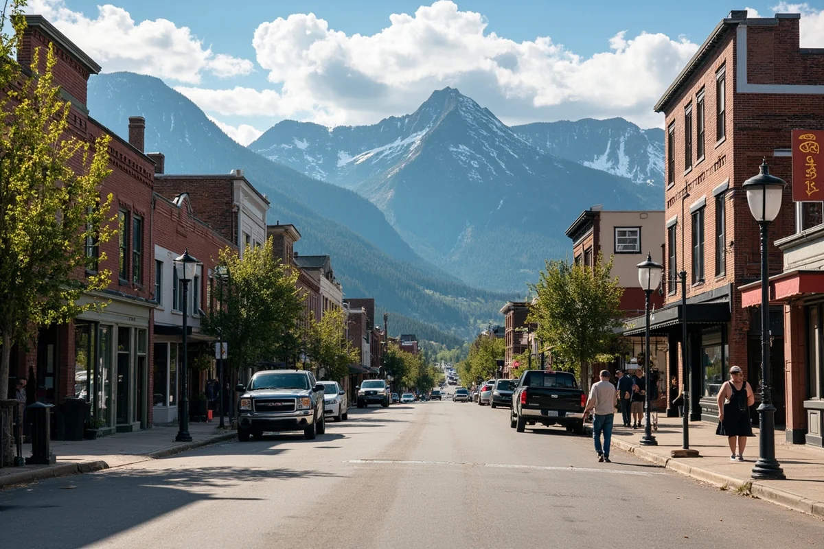 Historic main street in a small Montana town with mountains in background