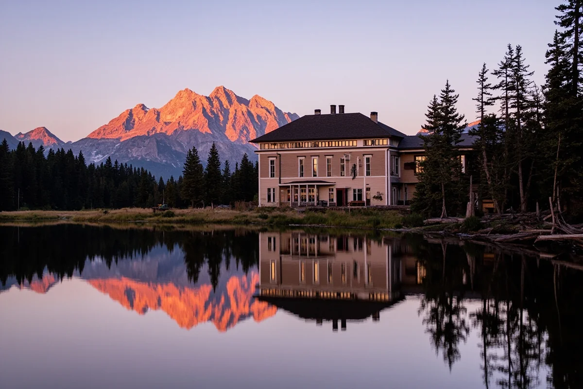 Historic Many Glacier Hotel reflected in Swiftcurrent Lake during golden hour with mountains in background