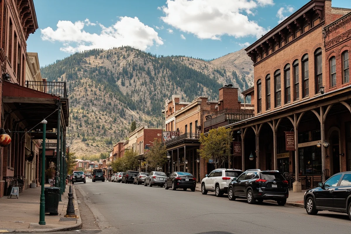 Historic mining town architecture in Butte or Virginia City showing former prosperity