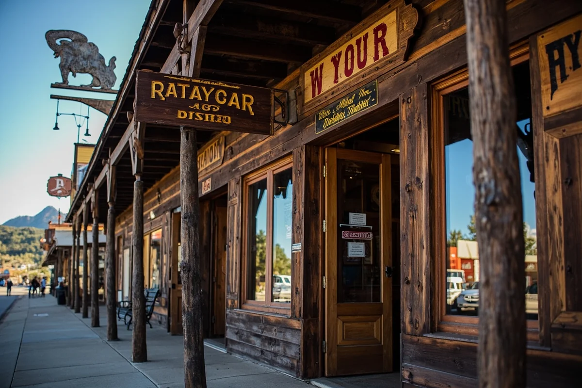 Historic Montana saloon exterior with wooden facade and vintage signs