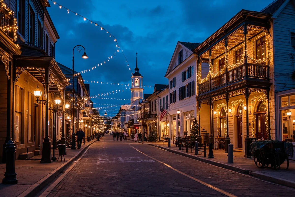 Historic Philipsburg main street with Victorian buildings decorated for Christmas