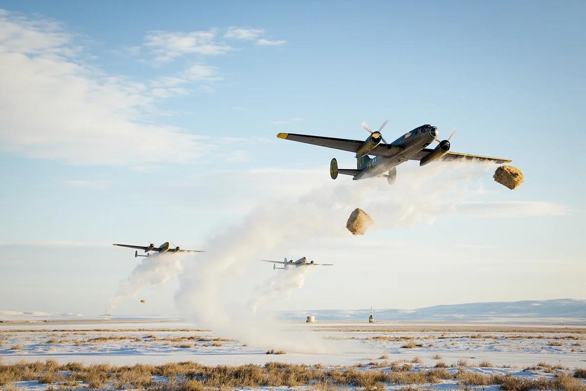 Historic photo of Operation Snowbound C-47 aircraft dropping hay bales over snowy Montana prairie
