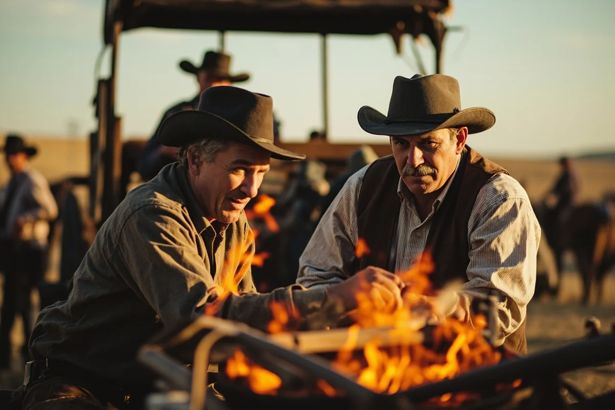 Historic photograph or reenactment of cattle ranch chuck wagon cookout