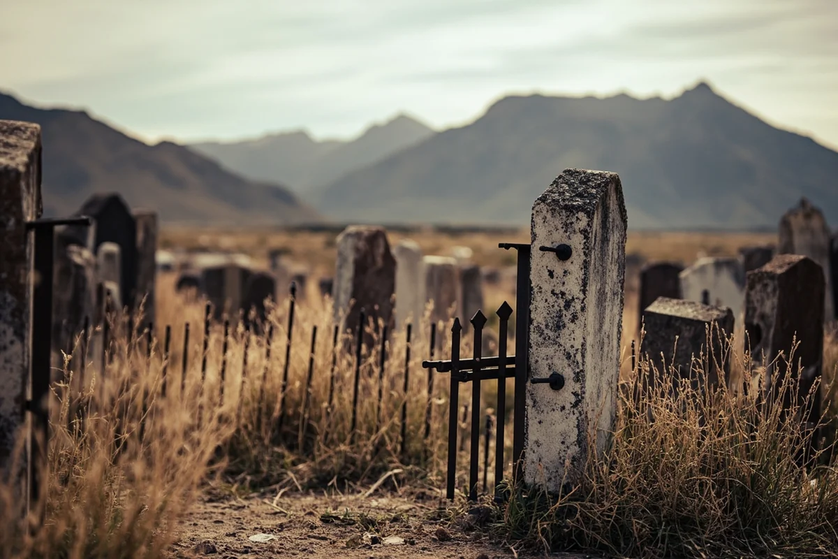 Historic pioneer cemetery with weathered headstones and iron fence, mountain backdrop