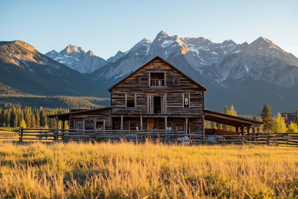 Historic ranch building with mountain backdrop representing Montana's resource-dependent culture