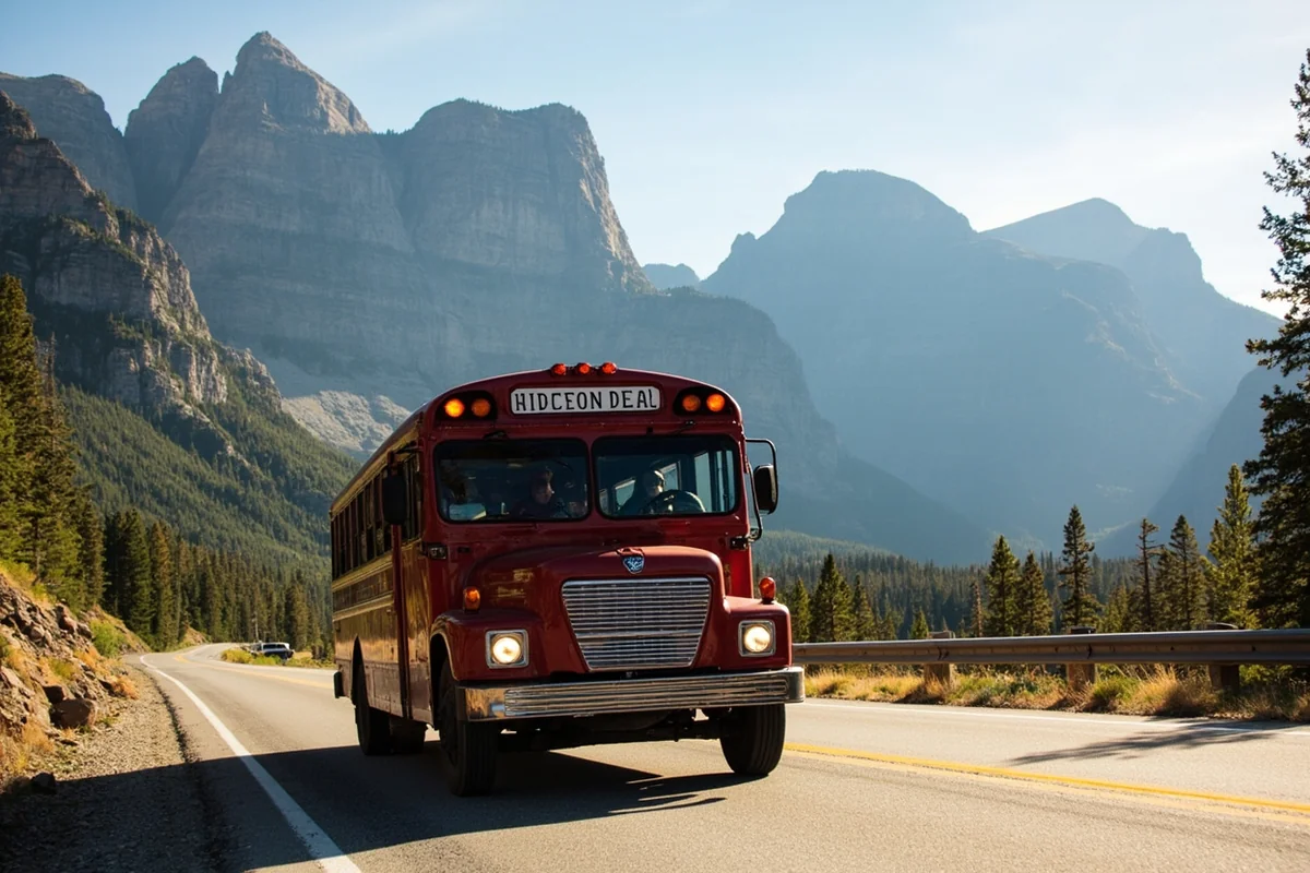 Historic red bus tour vehicle driving along Going-to-the-Sun Road with mountain scenery