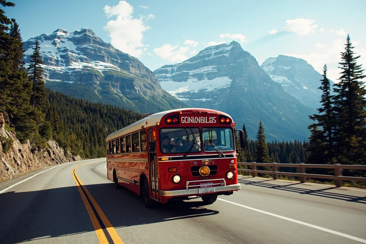 Historic red jammer bus driving on Going-to-the-Sun Road with mountain backdrop in Glacier National Park