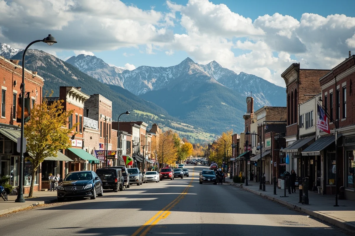 Historic small-town main street in rural Montana with mountains in background