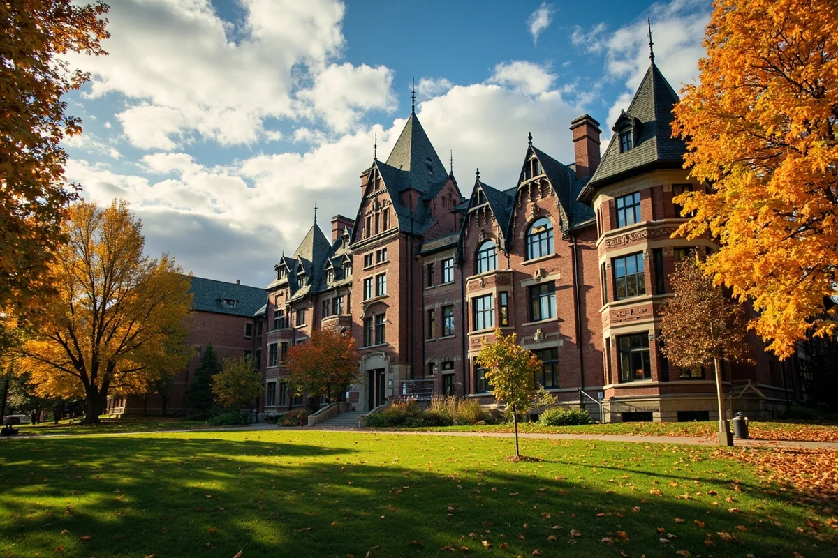 Historic University of Montana campus building in Missoula with fall foliage