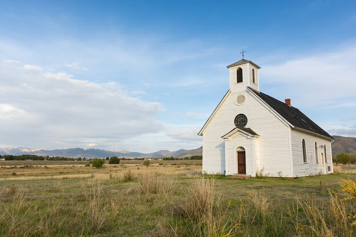 Historic white church in Livingston, Montana used in A River Runs Through It