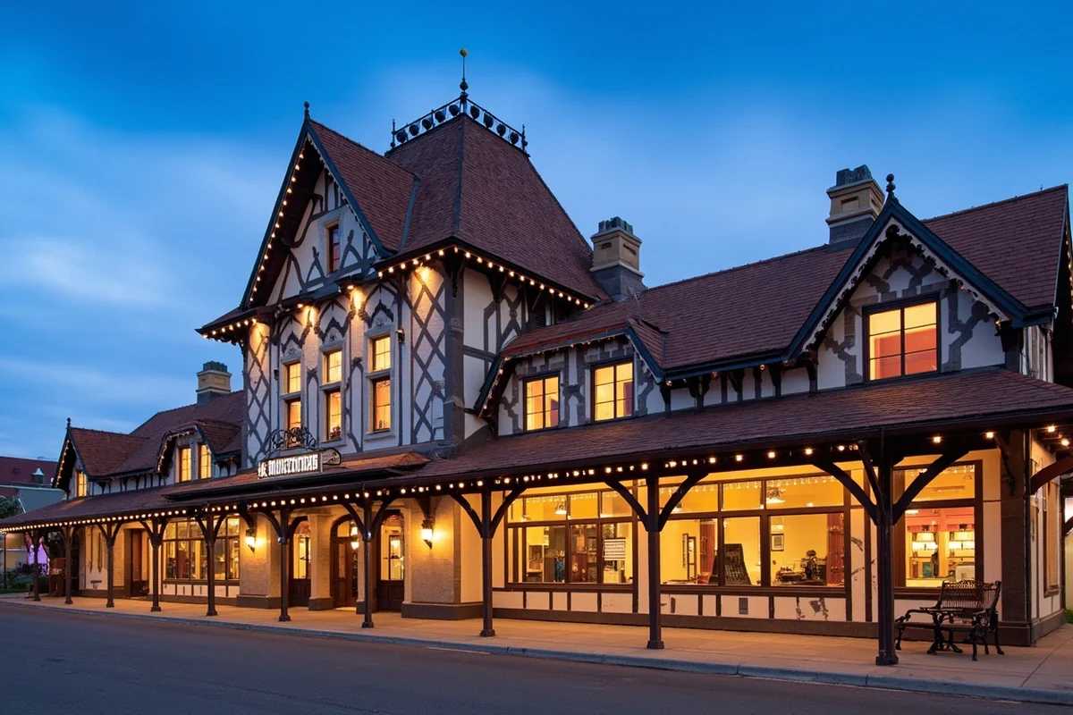 Historic Whitefish Amtrak station building showing Tudor Revival architecture