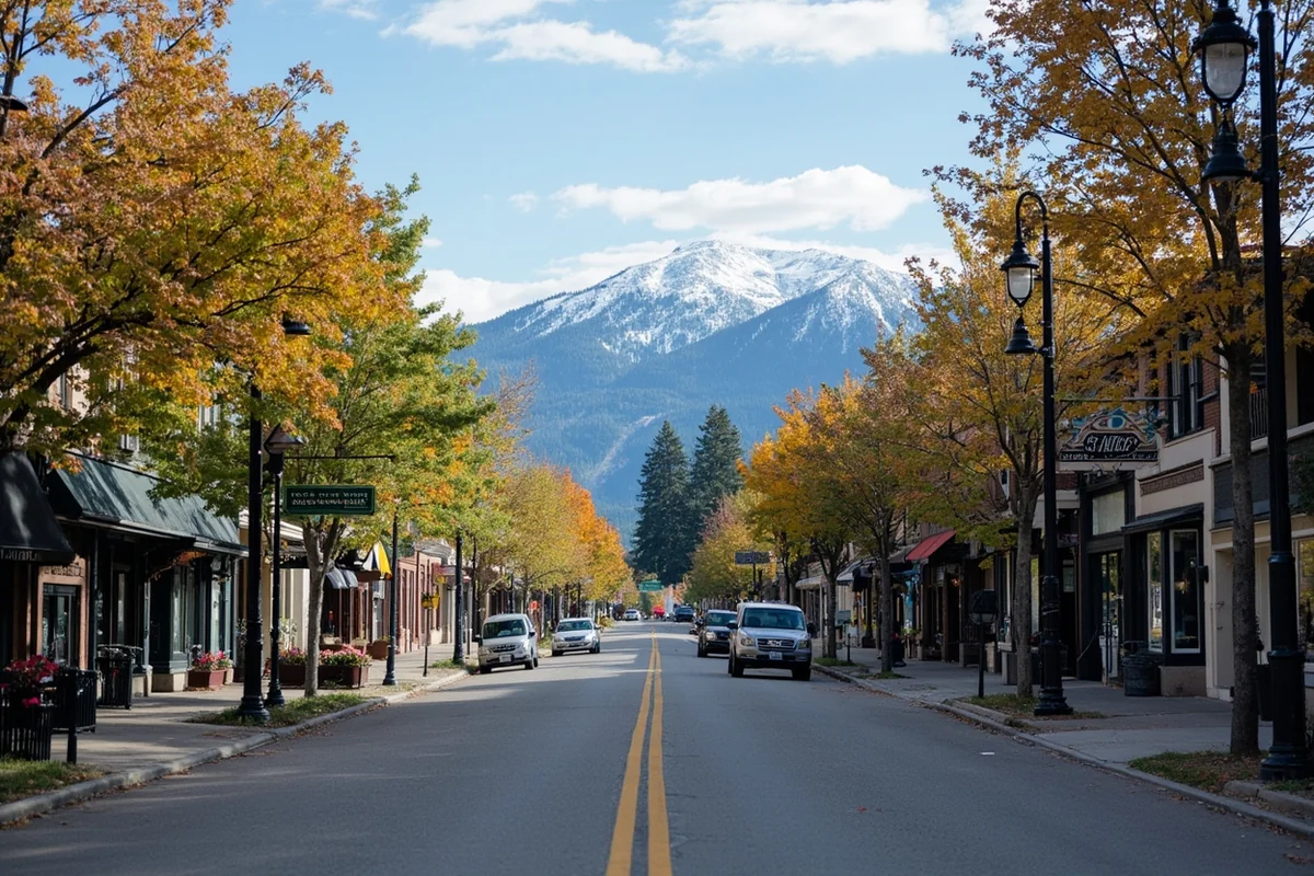 Historic Whitefish downtown street with local shops and mountain backdrop