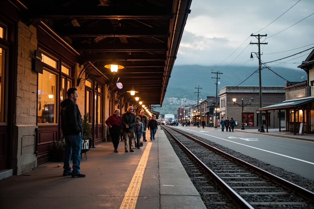 Historic Whitefish train depot with passengers and downtown area visible