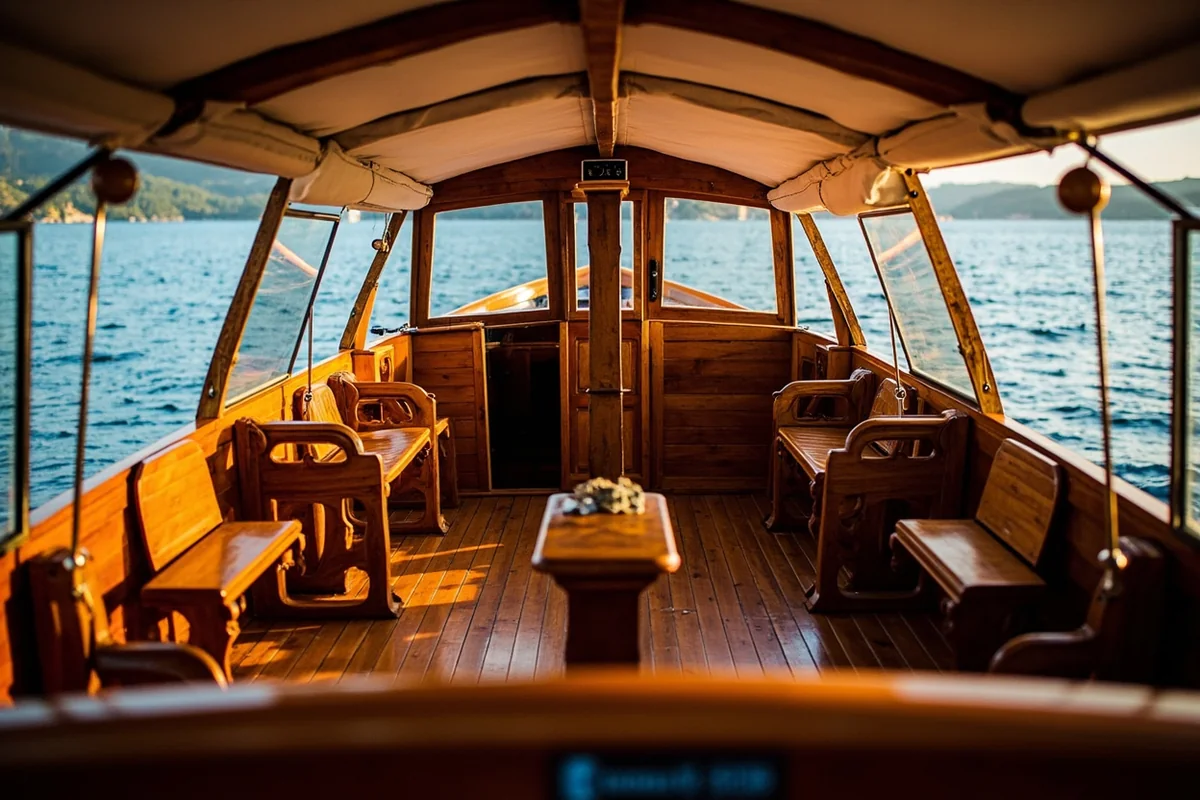 Historic wooden boat interior showing polished wood details and canvas canopy