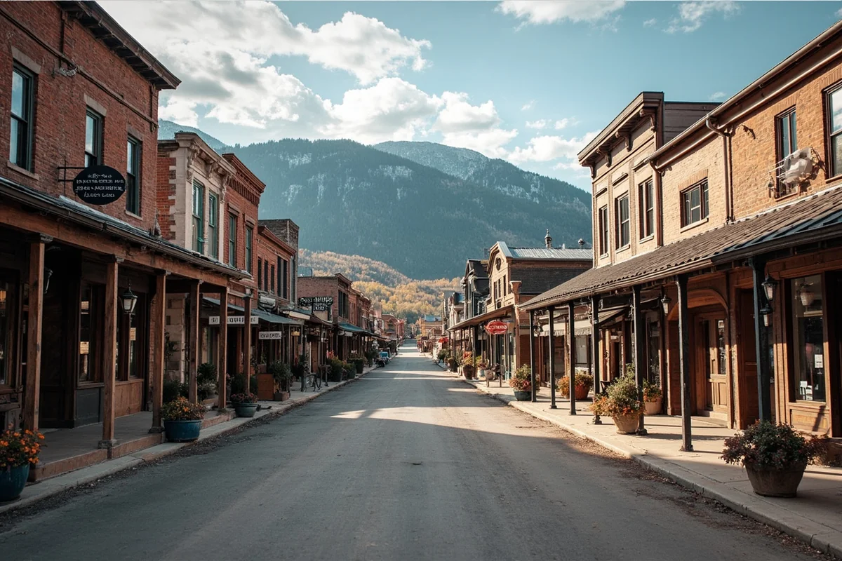 Historic wooden buildings along Bannack's main street with mountains in background